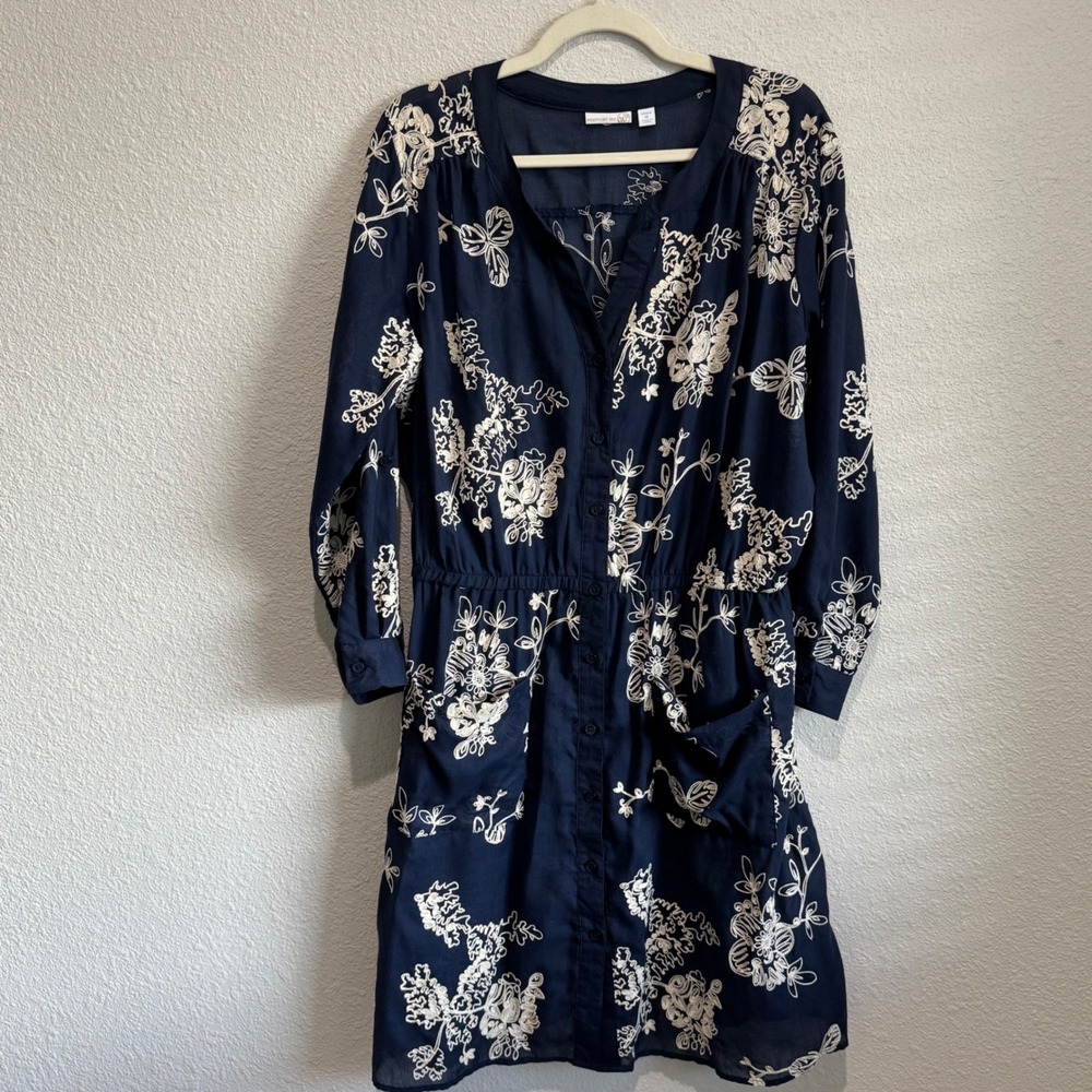 Westport‎ 1962 Blue Floral Embroidered Button Front Pocket Dress Womens 14 Boho